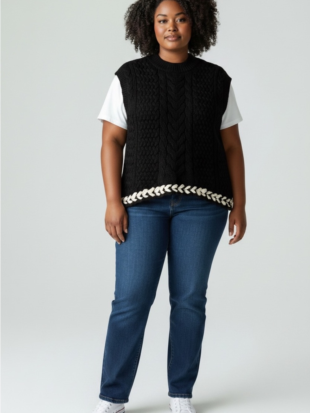 Anna & Ava Black Cable Knit Sleeveless Sweater with White Braid Hem S/M NWT - Picture 5 of 6